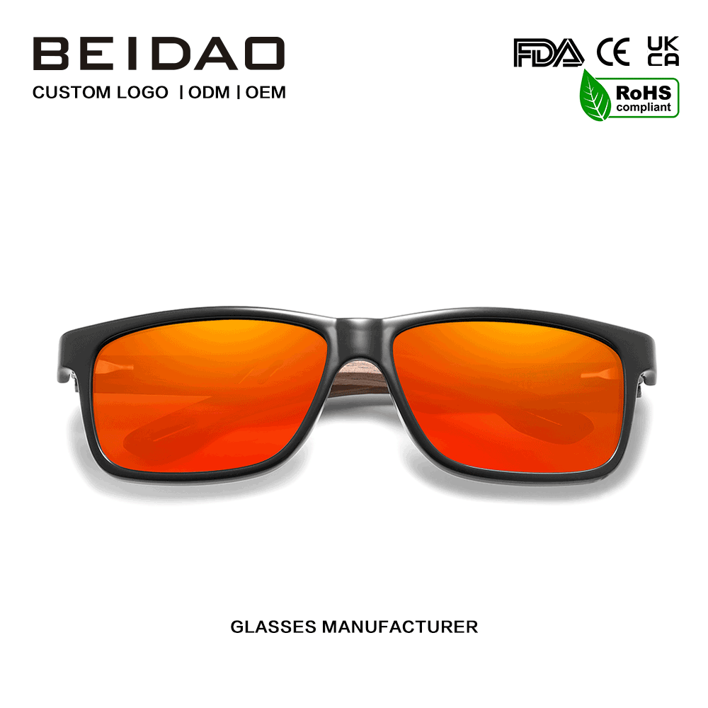 Gafas de sol polarizadas rojas con montura de nogal de diseñador, logotipo personalizado