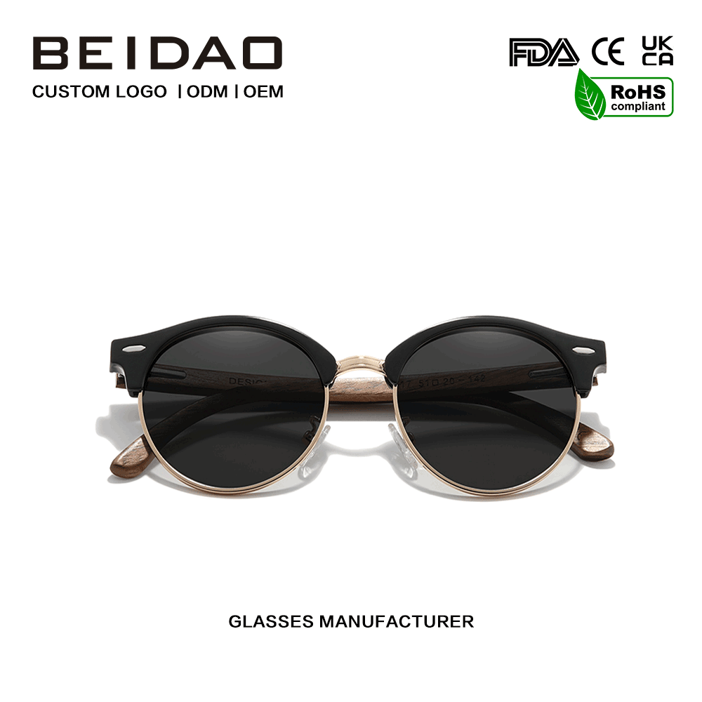 Gafas de sol polarizadas con media montura redonda de madera de nogal
