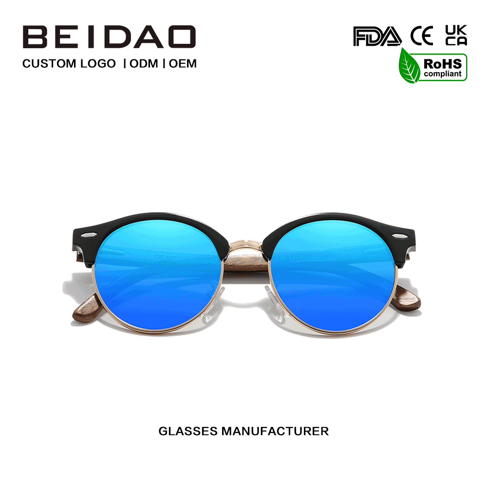 Gafas de sol polarizadas azules UV400 redondas de madera de nogal